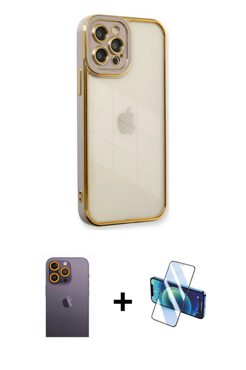 ieg™ iPhone 12 Pro Max Kılıf Çekirdek Klasik Serisi - Siyah 3D Antistatik Cam Ekran Koruyucu + Sarı