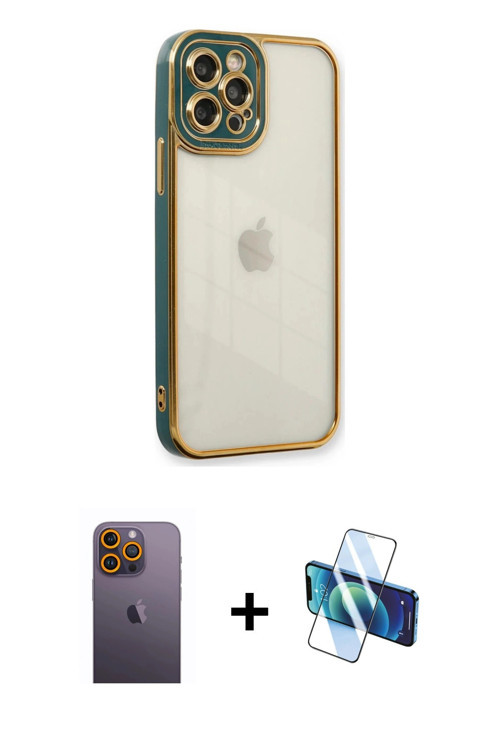 ieg™ iPhone 12 Pro Max Kılıf Çekirdek Klasik Serisi - Siyah 3D Antistatik Cam Ekran Koruyucu + Sarı