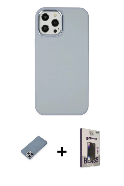 ieg™ iPhone 12 Pro Max Kılıf Çekirdek Çizgi - Siyah Bilvis Hayalet Cam Ekran Koruyucu + Gümüş Metal