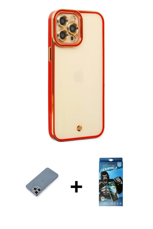 ieg™ iPhone 12 Pro Max Kılıf Çekirdek Klasik Serisi - Siyah 34D Izgaralı Cam + Gümüş Metal Kamera Le