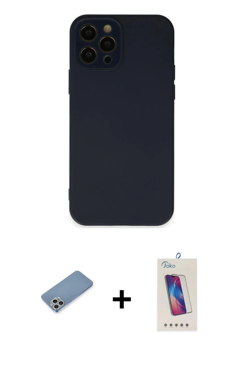 ieg™ iPhone 12 Pro Max Kılıf Çekirdek Modern Serisi - Siyah Joko 5D Cam + Gümüş Shine Kamera Lens Ko