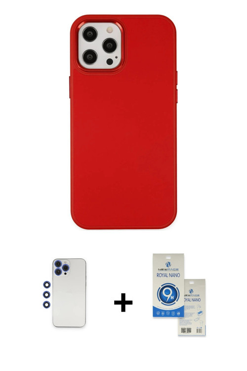 ieg™ iPhone 12 Pro Max Kılıf Çekirdek Çizgi - Şeffaf Royal Nano Ekran Koruyucu + Lacivert Shine Kame