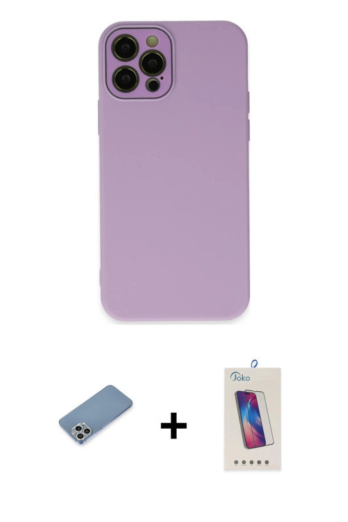 ieg™ iPhone 12 Pro Max Kılıf Çekirdek Modern Serisi - Siyah Joko 5D Cam + Gümüş Shine Kamera Lens Ko