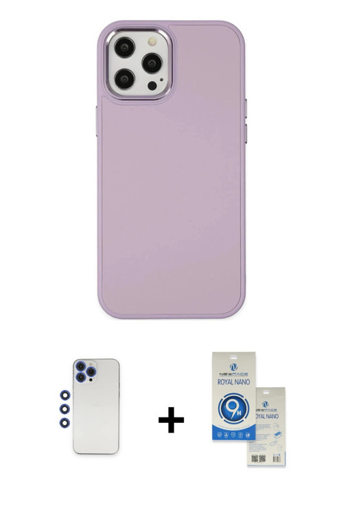 ieg™ iPhone 12 Pro Max Kılıf Çekirdek Çizgi - Şeffaf Royal Nano Ekran Koruyucu + Lacivert Shine Kame