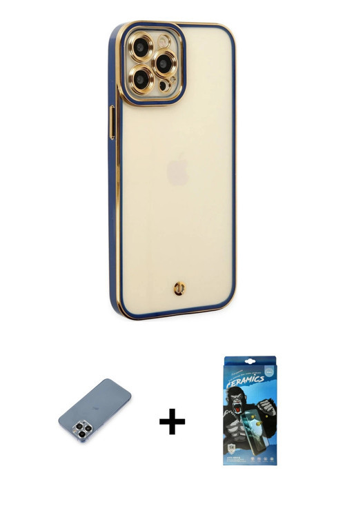 ieg™ iPhone 12 Pro Max Kılıf Çekirdek Klasik Serisi - Siyah 34D Izgaralı Cam + Gümüş Metal Kamera Le