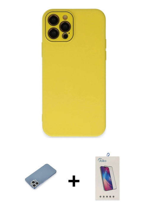 ieg™ iPhone 12 Pro Max Kılıf Çekirdek Modern Serisi - Siyah Joko 5D Cam + Gümüş Shine Kamera Lens Ko