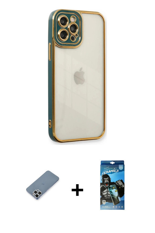 ieg™ iPhone 12 Pro Max Kılıf Çekirdek Klasik Serisi - Siyah 34D Izgaralı Cam + Gümüş Metal Kamera Le