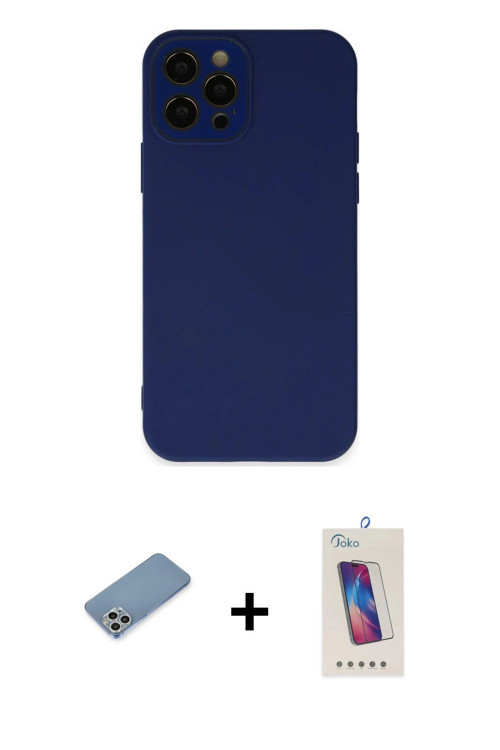 ieg™ iPhone 12 Pro Max Kılıf Çekirdek Modern Serisi - Siyah Joko 5D Cam + Gümüş Shine Kamera Lens Ko