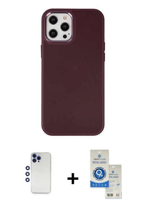 ieg™ iPhone 12 Pro Max Kılıf Çekirdek Çizgi - Şeffaf Royal Nano Ekran Koruyucu + Lacivert Shine Kame
