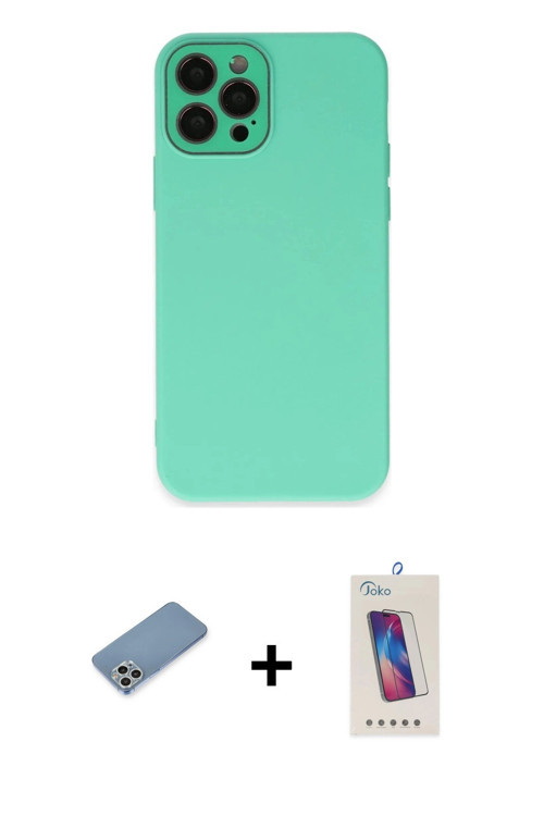 ieg™ iPhone 12 Pro Max Kılıf Çekirdek Modern Serisi - Siyah Joko 5D Cam + Gümüş Shine Kamera Lens Ko