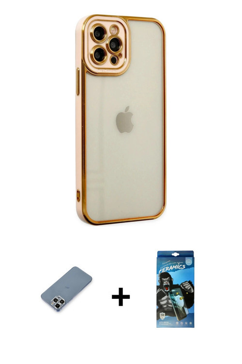 ieg™ iPhone 12 Pro Max Kılıf Çekirdek Klasik Serisi - Siyah 34D Izgaralı Cam + Gümüş Metal Kamera Le