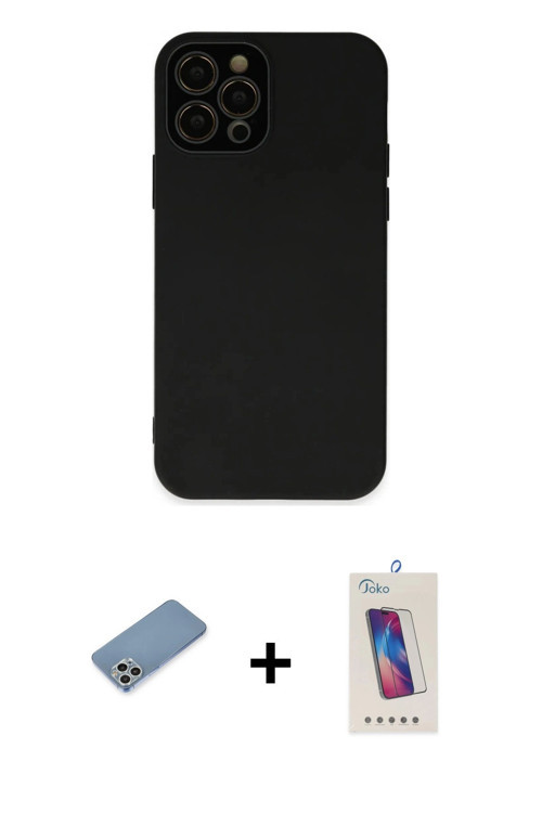 ieg™ iPhone 12 Pro Max Kılıf Çekirdek Modern Serisi - Siyah Joko 5D Cam + Gümüş Shine Kamera Lens Ko