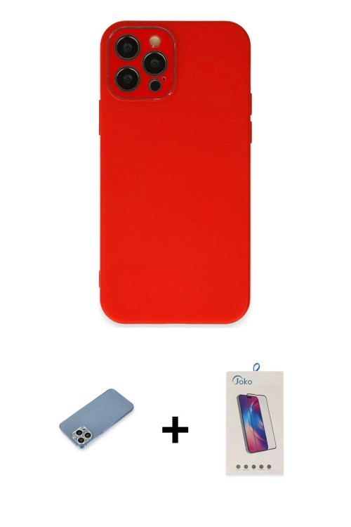 ieg™ iPhone 12 Pro Max Kılıf Çekirdek Modern Serisi - Siyah Joko 5D Cam + Gümüş Shine Kamera Lens Ko