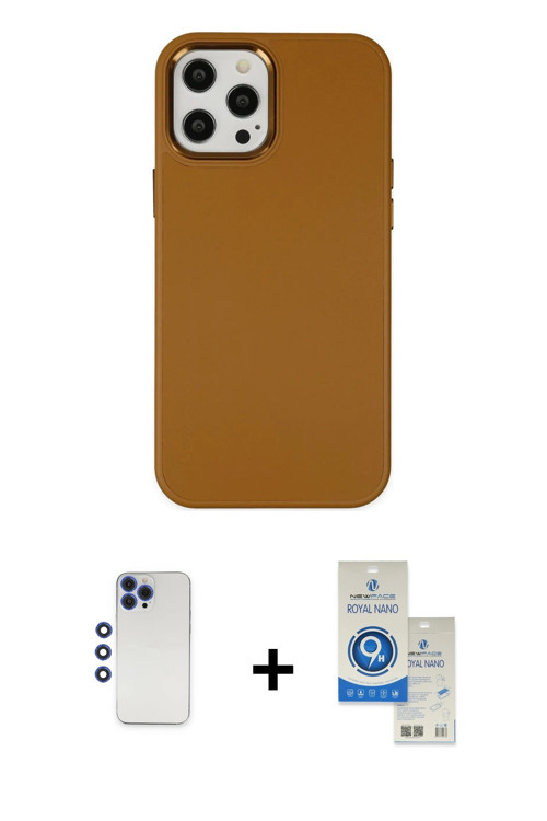 ieg™ iPhone 12 Pro Max Kılıf Çekirdek Çizgi - Şeffaf Royal Nano Ekran Koruyucu + Lacivert Shine Kame