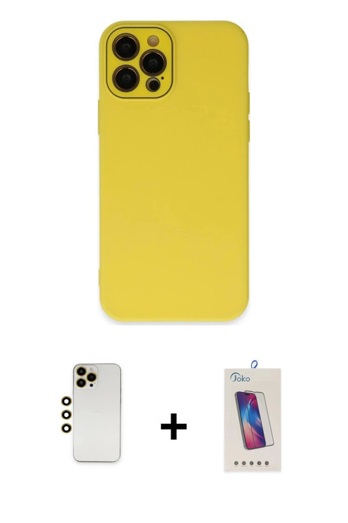 ieg™ iPhone 12 Pro Max Kılıf Çekirdek Modern Serisi - Siyah Joko 5D Cam + Gold Shine Kamera Lens