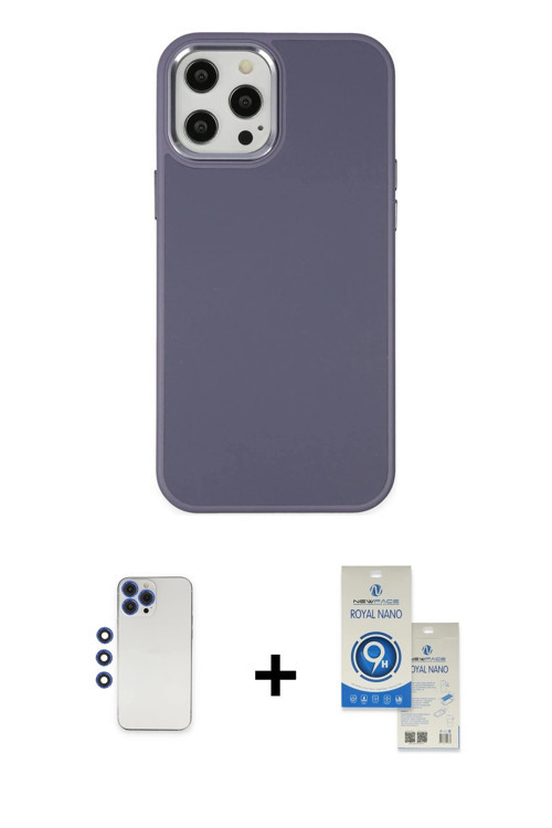 ieg™ iPhone 12 Pro Max Kılıf Çekirdek Çizgi - Şeffaf Royal Nano Ekran Koruyucu + Lacivert Shine Kame