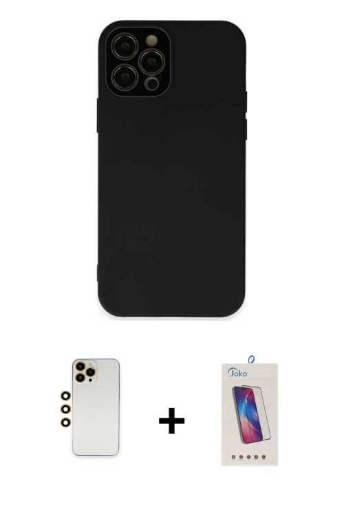 ieg™ iPhone 12 Pro Max Kılıf Çekirdek Modern Serisi - Siyah Joko 5D Cam + Gold Shine Kamera Lens