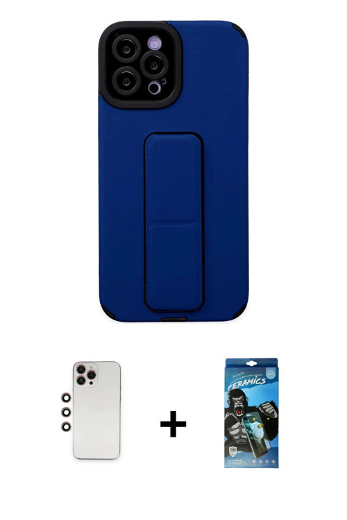 ieg™ iPhone 12 Pro Max Kılıf Çekirdek Yansıma - Siyah 34D Izgaralı Cam + Gökkuşağı Shine Kamera Lens
