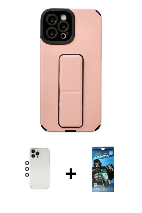 ieg™ iPhone 12 Pro Max Kılıf Çekirdek Yansıma - Siyah 34D Izgaralı Cam + Gökkuşağı Shine Kamera Lens