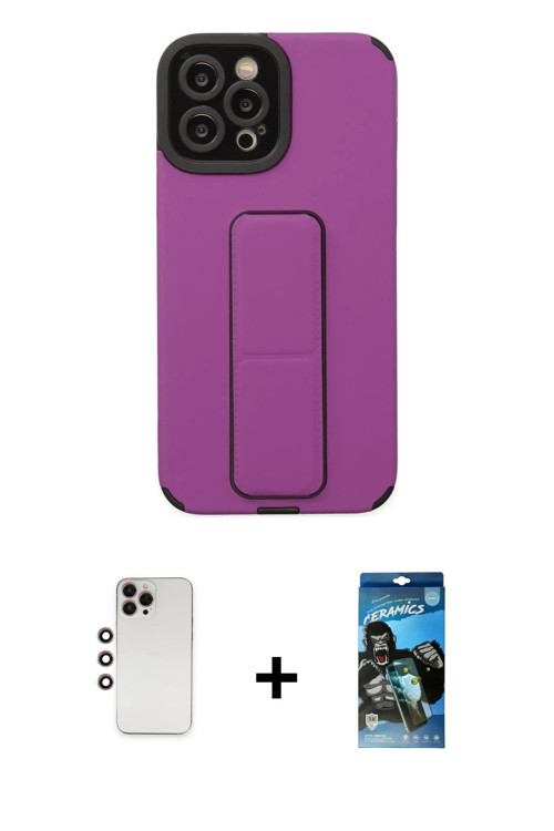 ieg™ iPhone 12 Pro Max Kılıf Çekirdek Yansıma - Siyah 34D Izgaralı Cam + Gökkuşağı Shine Kamera Lens