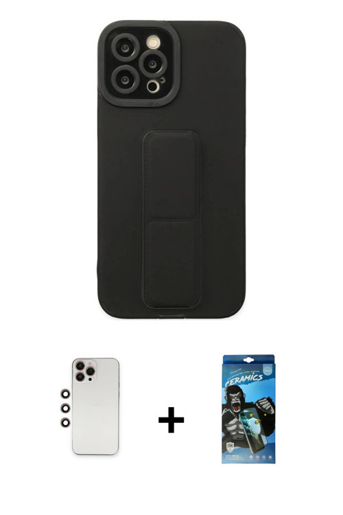 ieg™ iPhone 12 Pro Max Kılıf Çekirdek Yansıma - Siyah 34D Izgaralı Cam + Gökkuşağı Shine Kamera Lens