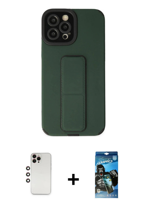 ieg™ iPhone 12 Pro Max Kılıf Çekirdek Yansıma - Siyah 34D Izgaralı Cam + Gökkuşağı Shine Kamera Lens