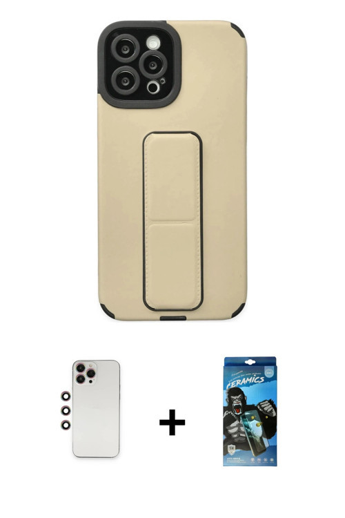 ieg™ iPhone 12 Pro Max Kılıf Çekirdek Yansıma - Siyah 34D Izgaralı Cam + Gökkuşağı Shine Kamera Lens