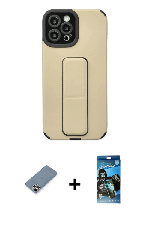 ieg™ iPhone 12 Pro Max Kılıf Çekirdek Yansıma - Siyah 34D Izgaralı Cam + Gümüş Metal Kamera Lens Kor
