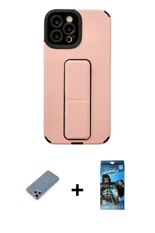 ieg™ iPhone 12 Pro Max Kılıf Çekirdek Yansıma - Siyah 34D Izgaralı Cam + Gümüş Metal Kamera Lens Kor