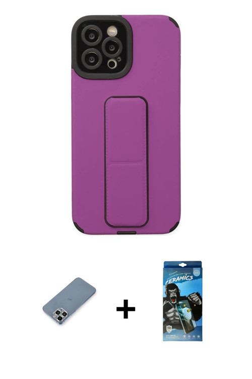 ieg™ iPhone 12 Pro Max Kılıf Çekirdek Yansıma - Siyah 34D Izgaralı Cam + Gümüş Metal Kamera Lens Kor