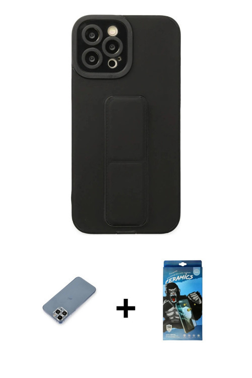 ieg™ iPhone 12 Pro Max Kılıf Çekirdek Yansıma - Siyah 34D Izgaralı Cam + Gümüş Metal Kamera Lens Kor