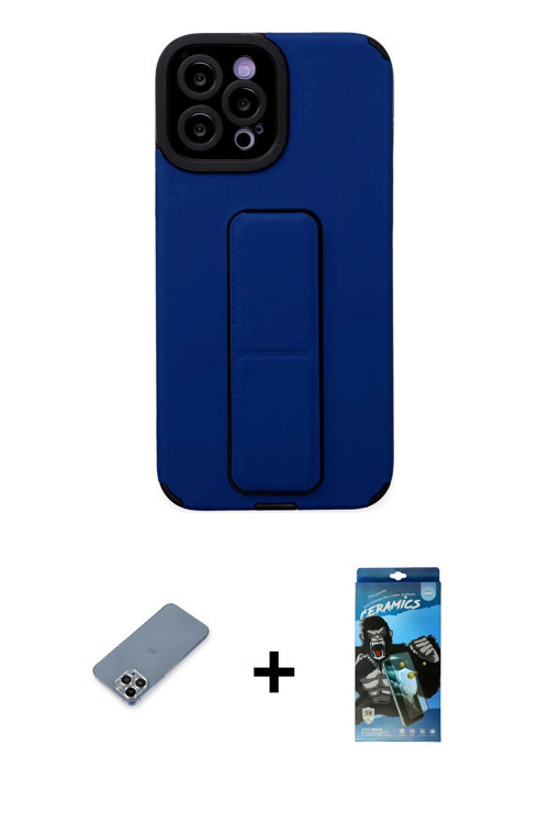 ieg™ iPhone 12 Pro Max Kılıf Çekirdek Yansıma - Siyah 34D Izgaralı Cam + Gümüş Metal Kamera Lens Kor