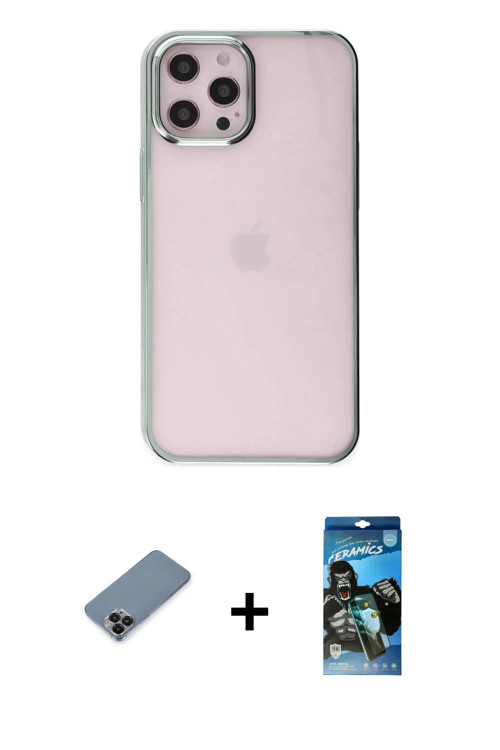 ieg™ iPhone 12 Pro Max Kılıf Doruk Doku Prime - Siyah 34D Izgaralı Cam + Siyah Metal Kamera Lens Kor