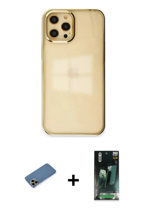 ieg™ iPhone 12 Pro Max Kılıf Doruk Doku Prime - Siyah 360 Mat Full Body Arka Koruyucu + Gold Shine K