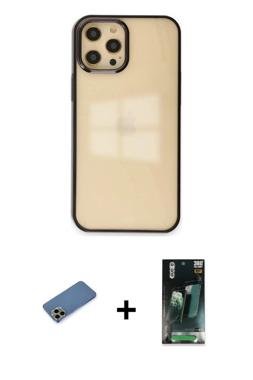 ieg™ iPhone 12 Pro Max Kılıf Doruk Doku Prime - Siyah 360 Mat Full Body Arka Koruyucu + Gold Shine K
