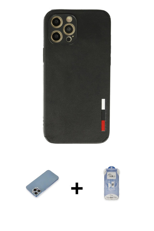 ieg™ iPhone 12 Pro Max Kılıf Doruk Asil Koleksiyonu - Siyah Joko Magic 5D Cam + Gökkuşağı Shine Kame