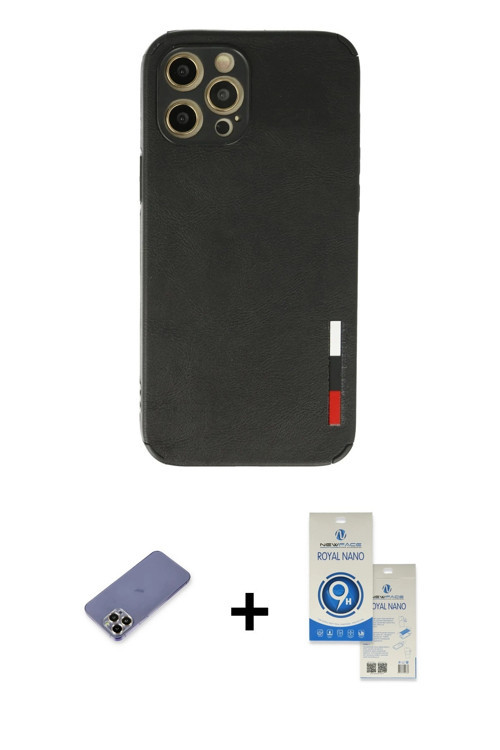 ieg™ iPhone 12 Pro Max Kılıf Doruk Asil Koleksiyonu - Şeffaf Royal Nano Ekran Koruyucu + Gold Metal