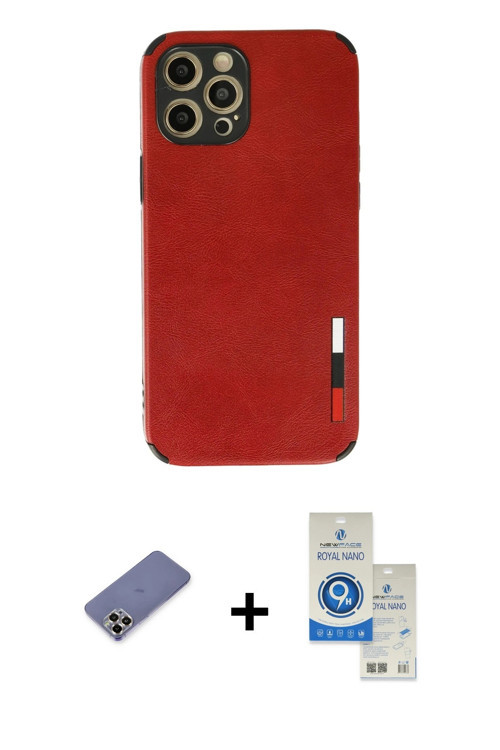 ieg™ iPhone 12 Pro Max Kılıf Doruk Asil Koleksiyonu - Şeffaf Royal Nano Ekran Koruyucu + Gold Metal