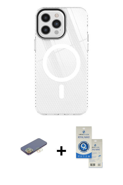 ieg™ iPhone 12 Pro Max Kılıf Doruk Prime - Şeffaf Royal Nano Ekran Koruyucu + Sarı Renkli Kamera Len