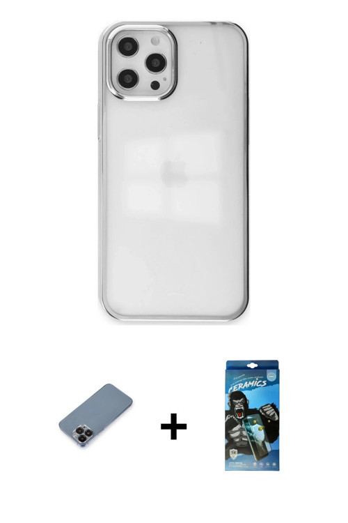 ieg™ iPhone 12 Pro Max Kılıf Doruk Doku Prime - Siyah 34D Izgaralı Cam + Siyah Metal Kamera Lens Kor