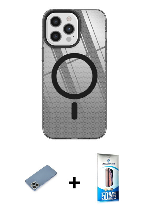 ieg™ iPhone 12 Pro Max Kılıf Doruk Prime - Siyah 5D Eko Cam Ekran Koruyucu + Gümüş Shine Kamera Lens