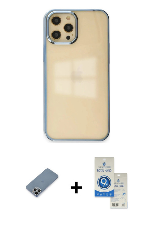 ieg™ iPhone 12 Pro Max Kılıf Doruk Doku Prime - Şeffaf Royal Nano Ekran Koruyucu + Gümüş Metal Kamer