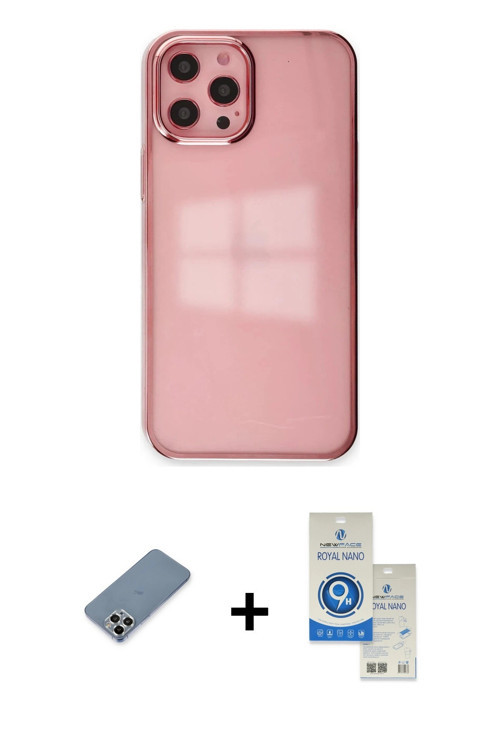 ieg™ iPhone 12 Pro Max Kılıf Doruk Doku Prime - Şeffaf Royal Nano Ekran Koruyucu + Gümüş Metal Kamer