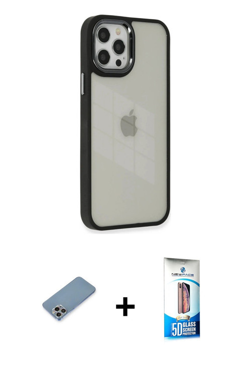 ieg™ iPhone 12 Pro Max Kılıf Eksen Doku Prime - Siyah 5D Eko Cam Ekran Koruyucu + Gökkuşağı Shine Ka