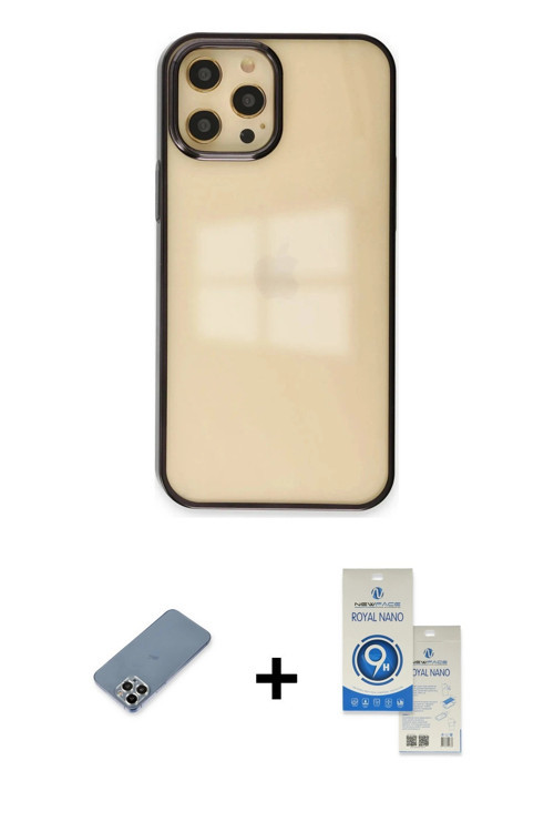 ieg™ iPhone 12 Pro Max Kılıf Doruk Doku Prime - Şeffaf Royal Nano Ekran Koruyucu + Gümüş Metal Kamer