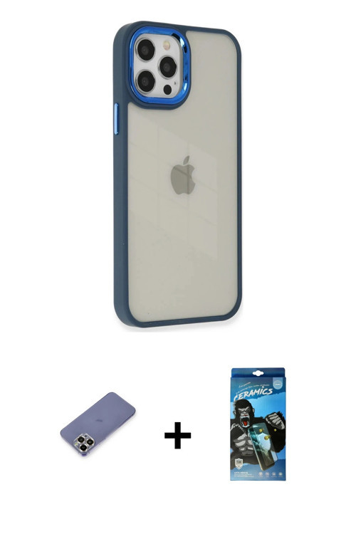 ieg™ iPhone 12 Pro Max Kılıf Eksen Doku Prime - Siyah 34D Izgaralı Cam + Gold Metal Kamera Lens Koru