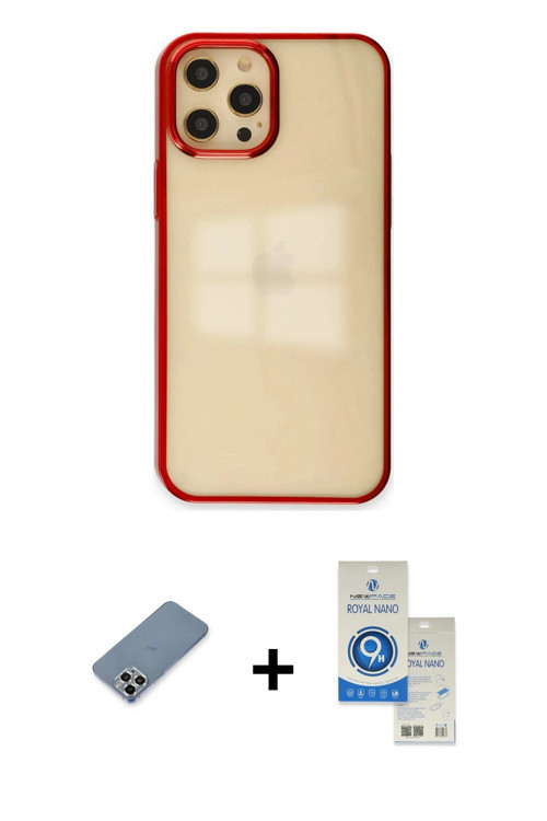 ieg™ iPhone 12 Pro Max Kılıf Doruk Doku Prime - Şeffaf Royal Nano Ekran Koruyucu + Gümüş Metal Kamer