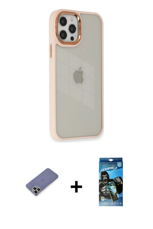 ieg™ iPhone 12 Pro Max Kılıf Eksen Doku Prime - Siyah 34D Izgaralı Cam + Gold Metal Kamera Lens Koru