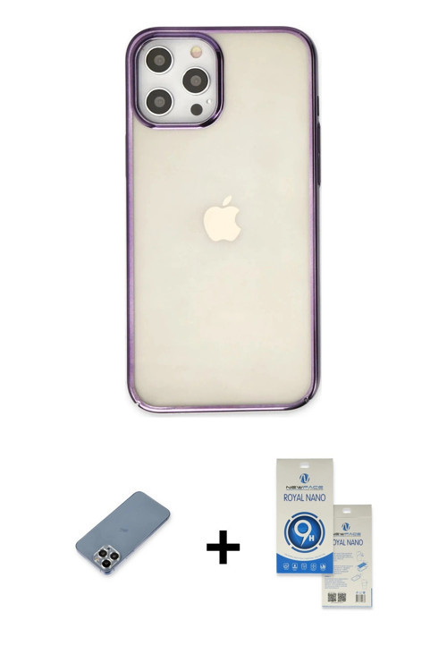 ieg™ iPhone 12 Pro Max Kılıf Doruk Doku Prime - Şeffaf Royal Nano Ekran Koruyucu + Gümüş Metal Kamer