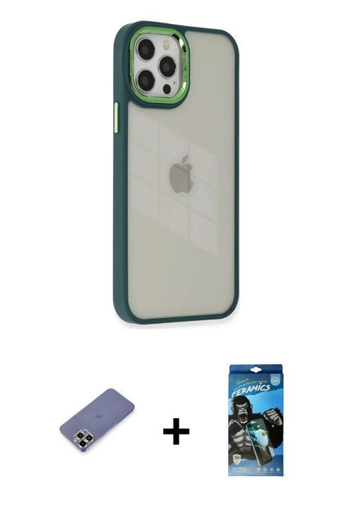 ieg™ iPhone 12 Pro Max Kılıf Eksen Doku Prime - Siyah 34D Izgaralı Cam + Gold Metal Kamera Lens Koru